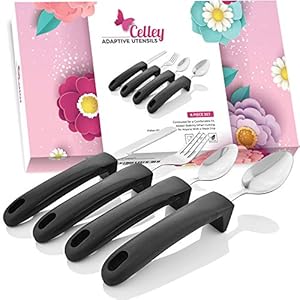 Adaptief eetgerei van Celley voor parkinson, artritis, MS, ouderen, handtrillingen, gehandicapten | 4 st Easy Grip Zilverwerk roestvrij stalen mes, vork, 2 lepels