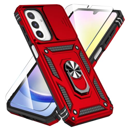 SunStory Phone Case for Samsung Galaxy A26 5G Case with HD Screen Protector & Slide Camera Cover & Rotated Ring Kickstand, [Heavy Duty Shockproof] Dual Layers Phone Case (Red, Galaxy A26)