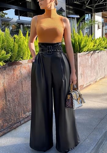 Tcremisa Leather Pants for Women High Waisted Faux Leather Straight Wide Leg Pant PU Trousers with Belt3