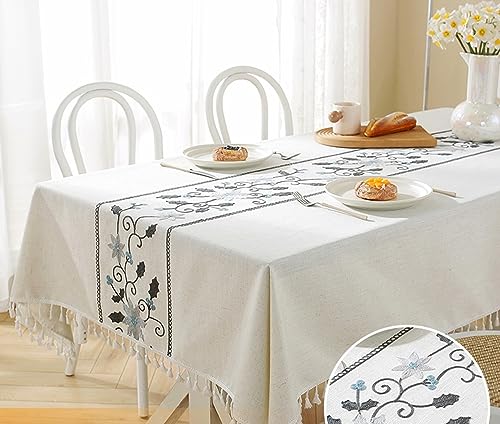Nappe bleu gris brodée à fleur 140x300 pour table rectangulaire