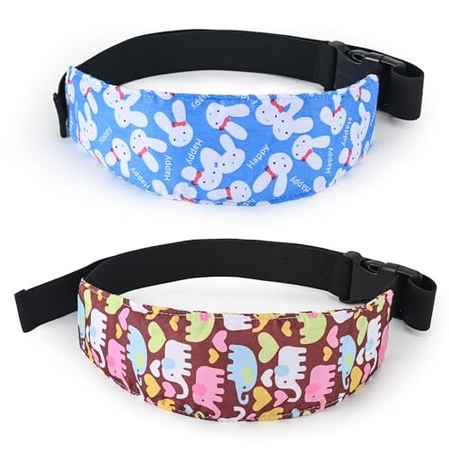 Image of Luckyiren Forest Animal Baby Head Support Strap, 2-Pack Cotton Car Seat Neck Band with Elephant & Bunny Design, Coffee & Blue, 8.4x4x1.1 Inch, Machine Washable