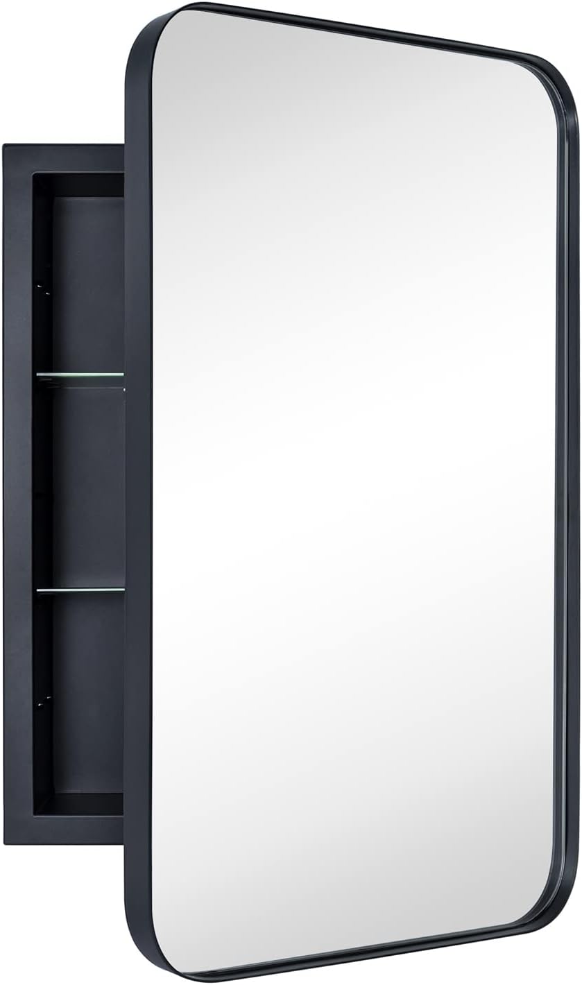 Matt Black Recessed Bathroom Wall Cabinet with Mirror - Stainless Steel Frame Medicine Cabinet - 16 x 24''