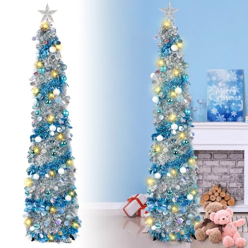 Kalolary Albero di Natale pieghevole da 1,5 m con decorazioni blu e argento, palline decorative, per feste in casa e decorazioni per interni