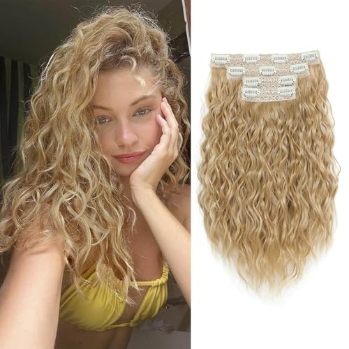 Flyroseing Hair Extensions Clip in,4PCS Blonde 14" Short Curly Hair Extensions Seamless Lace Weft Natural Soft Mermaid Waves Hairpieces for Women