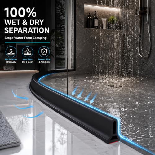 Image of Cosyeasy 1 Meter Collapsible Shower Threshold Water Dam, Self-Adhesive Silicone Water Barrier Strip, Water Stopper for Bathroom Floor, Wet & Dry Separation, Waterproof Shower Threshold, Black
