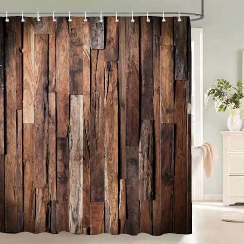 Cortinas de Ducha con Estampado de Madera Antigua Retro 3D, Estilo Europeo y Americano, Impermeables (70 x 140 cm)
