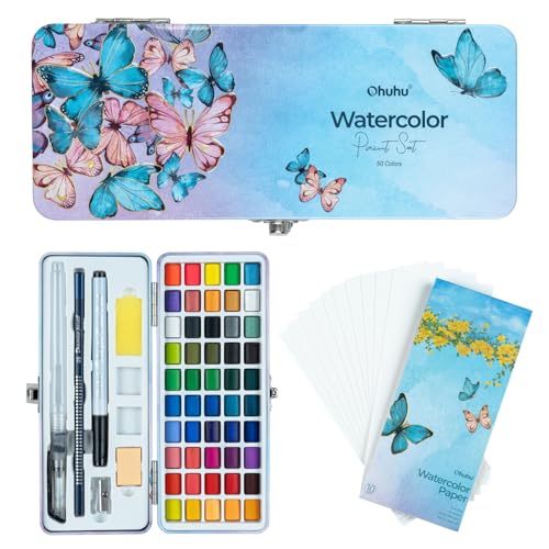 Ohuhu Watercolor Travel Paint Set, Portable Watercolor Kit for Outdoors 50-color with Watercolor Papers, Brush Pen, Acrylic Pen, Pencil and Accessories for Painting, Non-toxic Watercolors Paint for Artists Adults Beginners Kids Gift Idea