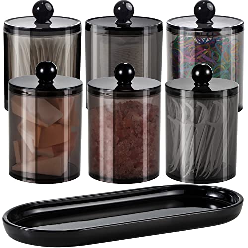 Qtip Holder Bathroom Set With Tray(7Pcs)-6 Pack Acrylic Plastic Apothecary Jars Qtip Dispenser Canister With Lid & Lable,1 Pack Bathroom Vanity Tray For Cotton Ball,Cotton Swab, Cotton Rounds (Black) #TOP1