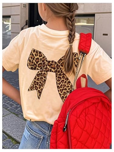 Girl's Bow Leopard Graphic Tees Short Sleeve Preppy Summer T Shirt Aesthetic Baggy Tops4