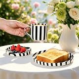 Ceramic Coffee Mug Set with Plates, 3-Piece Black Striped Mug Coffee Mug Ceramic Tea Cups and Saucers & Dessert Plate, Unique Coffee Mugs, M/W, D/W & Fridge Safe, Gift for Women, Coffee Lover Gifts