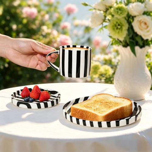 Set de 3 Piezas de Tazas de Café de Cerámica con Platos Rayados Negros miniatura 1