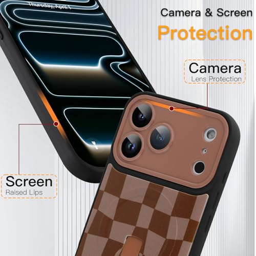 SOKAD Magnetic Checkered Case for iPhone 17 Pro Max with Finger Strap Kickstand, Compatible with Magsafe, Cute Checkerboard Designed for Women Men, Full Camera Protection Cover, Brown by SOKAD - Used condition - Image 4