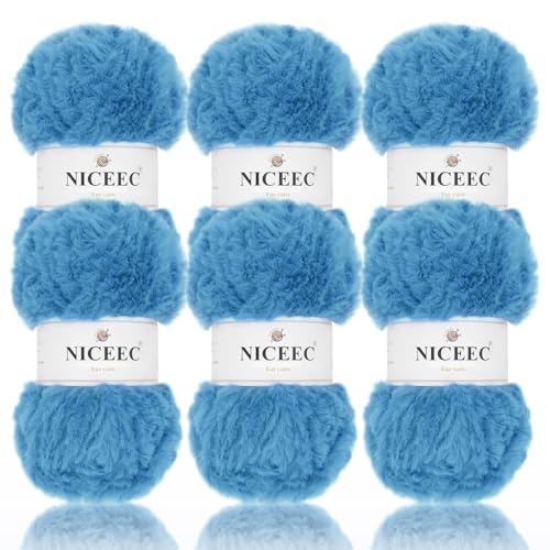 Image of NICEEC Faux Fur Yarn Super Soft, Chunky & Fluffy, Eyelash Yarn for Crochet & Knitting(Total Length 210yds /10.6oz) - Peacock Blue /300g