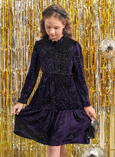 BesserBay Fall Girls Glitter A-line Velvet Crew Neck Midi Dress Size 5-14 Years2
