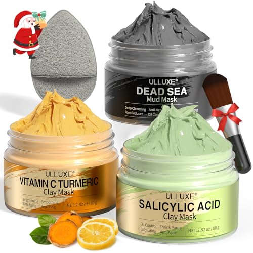 Facial Clay Mask Set - Vitamin C Turmeric Face Mask, Dead Sea Mud & Salicylic Acid (BHA) Mask for Pores Cleansing, Blackheads, Dark Spots, Brightening, Face Masks Skincare Gift for Women, 2.82 oz each