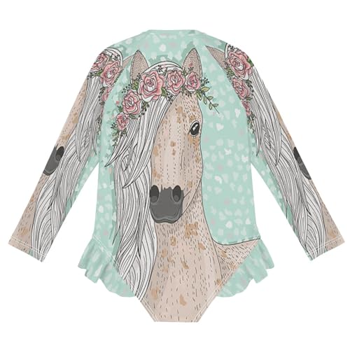 QUGRL Girls Rash Guard Long Sleeve One Piece Swimsuits Horse Flowers Zipper Girl Bathing Suits Size 9-10 Green Spring UV Swimwear Stand Collar4