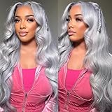 ELFSECRET 30 Inch Grey Lace Front Wigs Human Hair 180% Density 13x6 Full Frontal HD Transparent Lace Wigs Pre Plucked Silver Grey Colored Deep Part Body Wave Wig for Black Women Bleached Knots