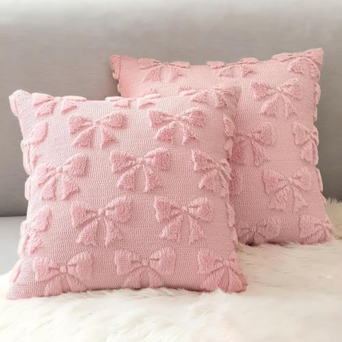iuiiaii - iuiiaii 2 PCS Pink Cushion Covers Bow Cushion45 X 45, Pink Cushions Bow Pillow Soft Plush Pillow Covers Aesthetic Bedroom Cushions for Bed Sofa Home Indoor Outdoor Holiday Decorations Pillowcase - -17%