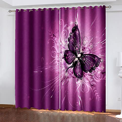 Rideaux Occultants Thermiques 140X160cm à Motif Papillon Violet - Design Moderne Oeillets pour Chambre Ado et Enfant
