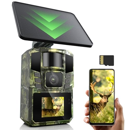 WiFi Solaire Camera de Chasse 4K 48MP Caméra de Chasse Connectée au Téléphone Infrarouge Vision Nocturne, Piege Photographique avec 5200 mAh Batterie Rechargeable, Carte SD de 64 Go, IP65