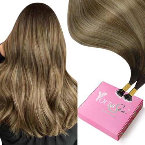 YoungSee Nano Bead Hair Extensions Human Hair Brown Ombre Nano Ring Hair Extensions Balayage Dark Brown with Blonde Nano-Link Hair Extension 14 Inch Nano Remy Hair Cold Fusion 50 Strands 50g