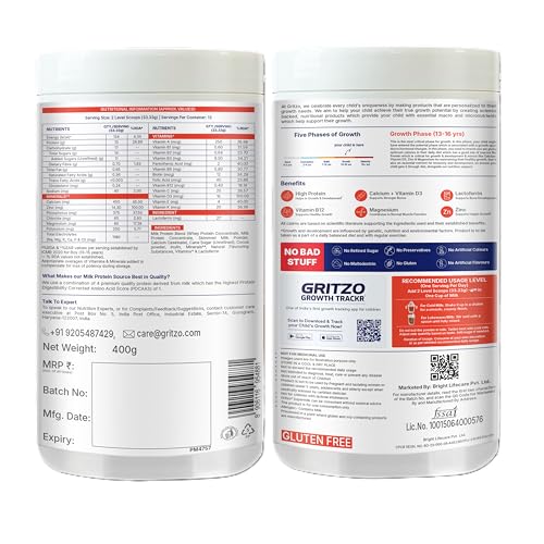 Image of Gritzo SuperMilk Growth+ (Formerly Height+) (13+y Boys & Girls), 13g Protein Powder (Double Chocolate, 2x400g) | Pack of 2