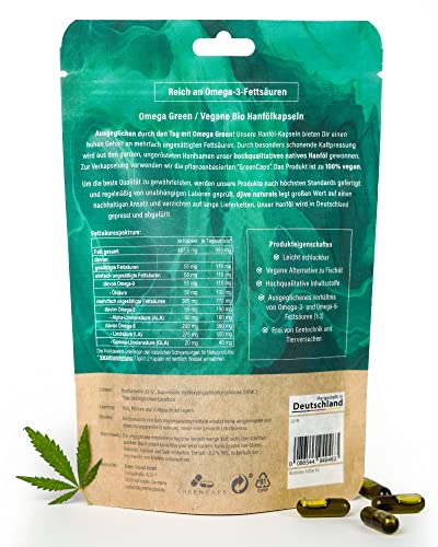Hanföl Kapseln Bio - Omega 3, vegan - djive naturals OmegaGreen 500 mg - 120 Stk - Natur Qualität - enthält sekundäre Pflanzenstoffe sowie Hanfsamenöl