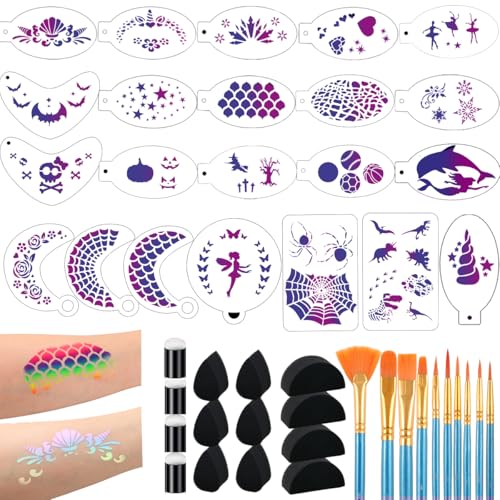 46 pcs Face Paint Stencils Kit,22 Pcs Reusable Facial Painting Stencils Reusable Body Paint...