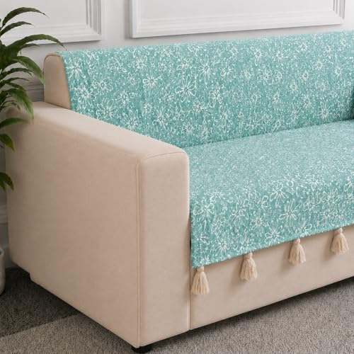 Image of STITCHNEST 'Verdant Phool Stories' 2 Seater Sofa Cover - Full Coverage| Elegant Jacquard Fabric, Decorative Tassels, Washable & Durable for Modern Living