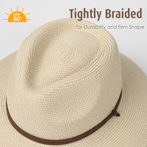 Furtalk Womens Summer Straw Sun Hats Wide Brim Panama Fedora Beach Hat With Wind Lanyard Upf 80+ Beige thumb #1