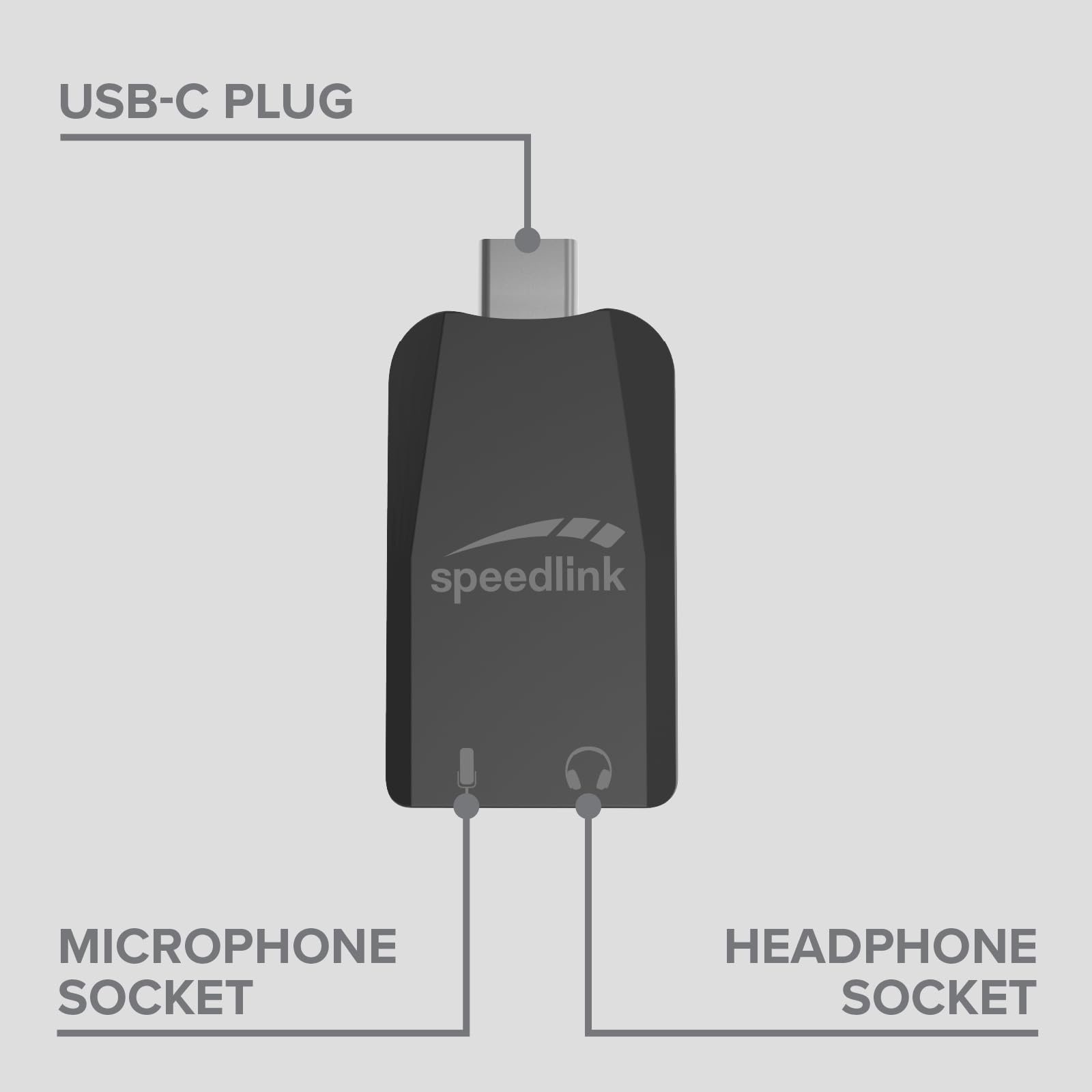 Speedlink VIGO USB-C - Scheda audio esterna Adattatore USB con ingresso microfono e cuffie, da USB-C a jack da 3,5 mm, PC/PS5/Switch2/Switch, nero
