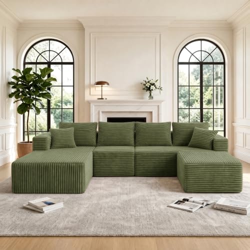 Image of 118 inch Boneless U-Shaped Sectional Couch, Olive Green (Left Facing Chaise)