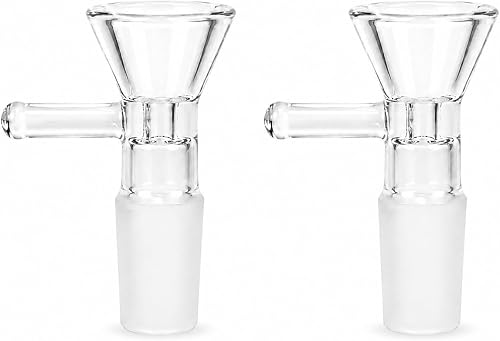 Clear Glass Funnel Bowl Piece 14mm Male for Water Pipes Set of 2 | Side Handle, Frosted Joint, Bong Compatible, Funnel Shape, Clear Glass