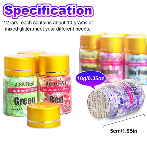 Glow In The Dark Glitter, Jemesi 12 Colors Luminous Chunky Glitter, 0.42Oz/Bottle, High Luminance Cosmetic Grade Glitter, Craft Glitter Set For Resin, Nail, Body, Face, Slime, Tumblers, Halloween #TOP5