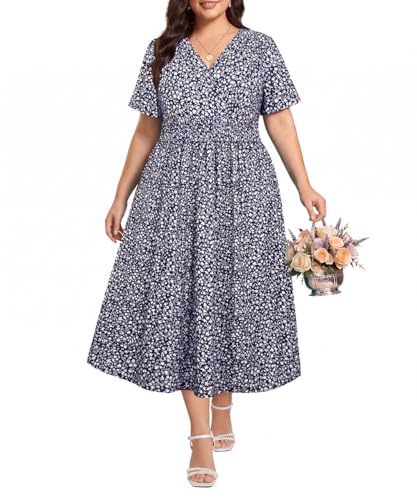Image of CARCOS Plus Size Dresses for Curvy Women V Neck Summer Maxi Dress Short Sleeve Floral Boho Dress Smocked Waist Beach Dress