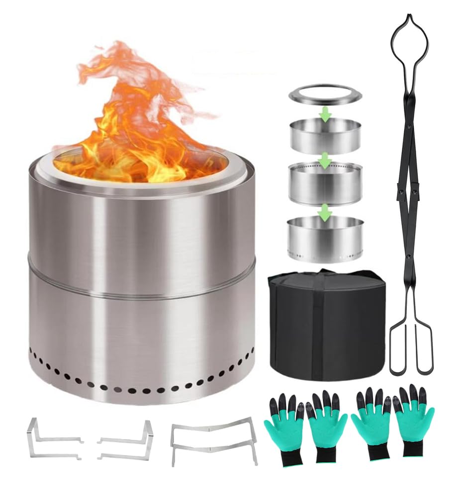 Rauchfreie Feuerstelle 19 Zoll, Tragbare Kamine für Camping auf der Terrasse im Freien, Feuerstelle aus Edelstahl 304 mit Abnehmbarer Aschepfanne,mit 1 Kaminzange 2 Krallenhandschuhe 1 Tragetasche