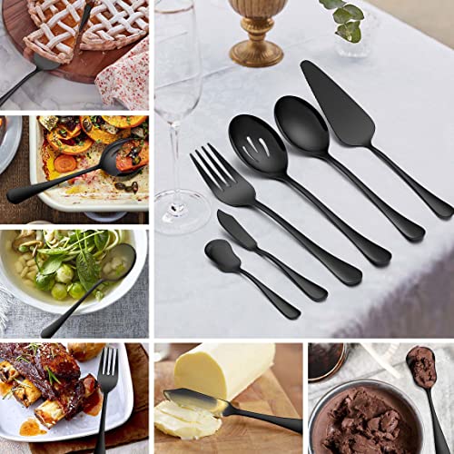 Homikit 6 Pieces Black Serving Utensils, Modern Stainless Steel Serving Hostess Set With Serving Spoons, Serving Fork, Pie Server, Butter Knife, Ice Cream Spoon, Shiny Mirror Polished, Dishwasher Safe #TOP5