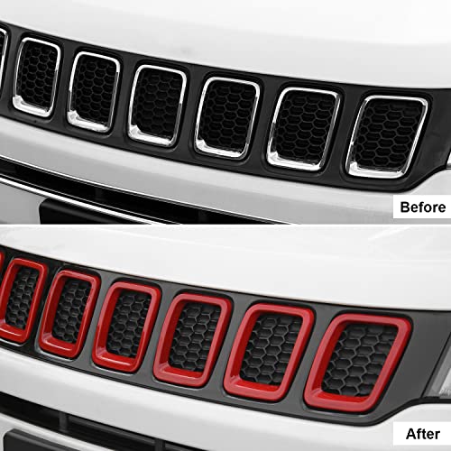 Image of CheroCar Grille Inserts ABS Front Grill Cover Guard Exterior Accessories for Jeep Compass 2017-2020, Red