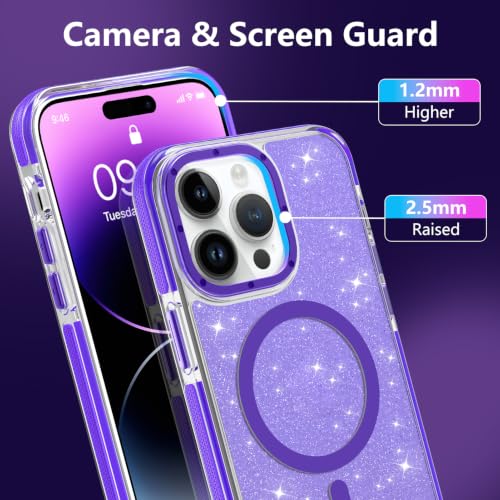 Image of Magnetic Case for iPhone 14 Pro Max [Compatible with Magsafe] [Bling Glitter Fluorescent Design] [1 Screen Protector] Slim Translucent Matte Case for iPhone 14 Pro Max 6.7 inch 2022, Purple