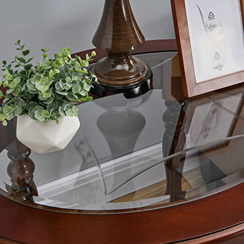 Moderion Solid Wood End Table With Tempered Glass, Oval Sofa Side Table With Storage Shelf, Carvings Side Elegant Vintage, Easy Assembly, For Living Room Walnut Cjz1533Gt #TOP2