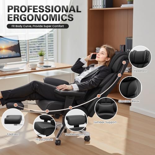 Image of Office Desk Chair, Big and Tall Leather Gaming Chair with Footrest, Wide Ergonomic Comfy Executive High-Back Reclining Computer Chairs, Swivel Rolling Wheels and Padded Lumbar Support, Black Updated