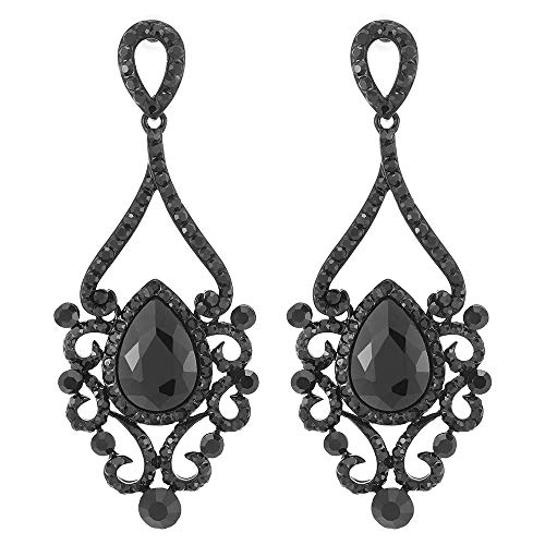 Victorien Strass Noir Cristal Filigrane Chandelier Lustre Floral Grande Statement Boucles d'oreilles, Banquets