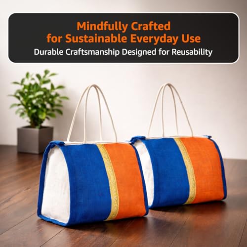 Image of Amazon Brand - Solimo Jute Thamboolam Gift Bag | Pack of 10 | Reusable & Durable | Assorted Colours Blue /Orange /Cream