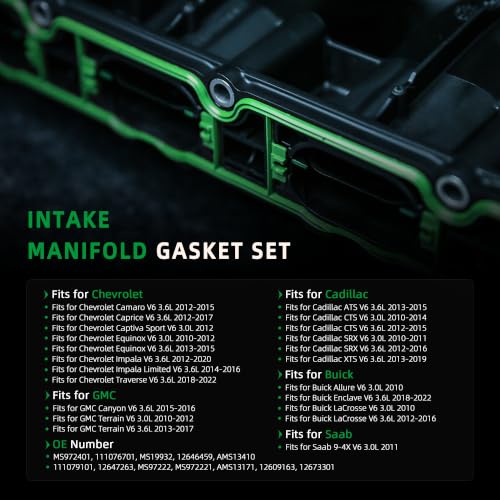 Image of Intake Manifold Gasket Set, for Buick Allure /Enclave, for Chevy Camaro /Caprice /Equinox /Impala, for Cadillac ATS /CTS /SRX /XTS, for GMC Canyon /Terrain, for Saab 9-4X, 10-22, 3.6 /3.0L, OE MS972401