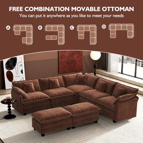 Image of Ihanherry 114 inch V-Shaped Modern Sofa Modular Sectional Luxurious and Comfortable with 2 Ottoman, 7-Seat Chenille Deep Seat Sofa with Corner Section for Living Room, Bedroom and Apartment, Brick Red