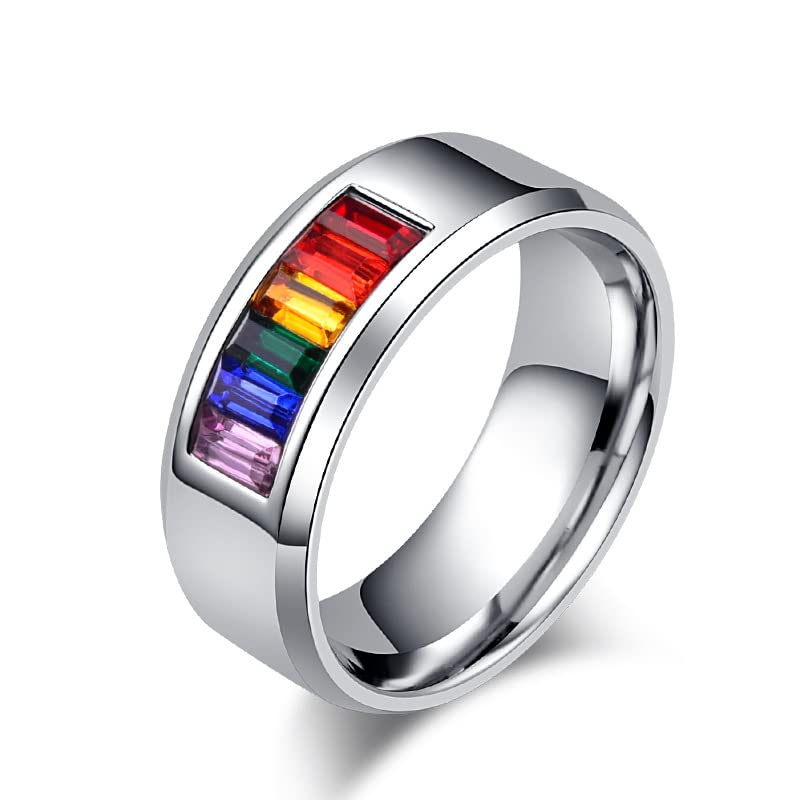 Iflytree Stainless Steel Enamel Rainbow LGBT Pride Ring for Lesbian & Gay LGBTQ Pride Cubic Zirconia Wedding Engagement Marriage Band (Silver, 9)