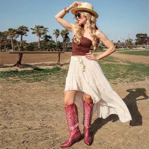 Image of wetkiss Women's Pointed Toe Cowboy Boots | Knee High Cowgirl Boots, Retro Embroidery, Chunky Heel, Pull-On, Style for a Classic Western Look,Stable and Comfortable