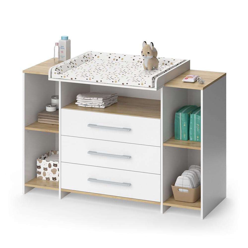 Vicco Fasciatoio Oskar, Rovere bianco/dorato, 143.2 x 93 cm, 3 cassetti, area di appoggio estensibile
