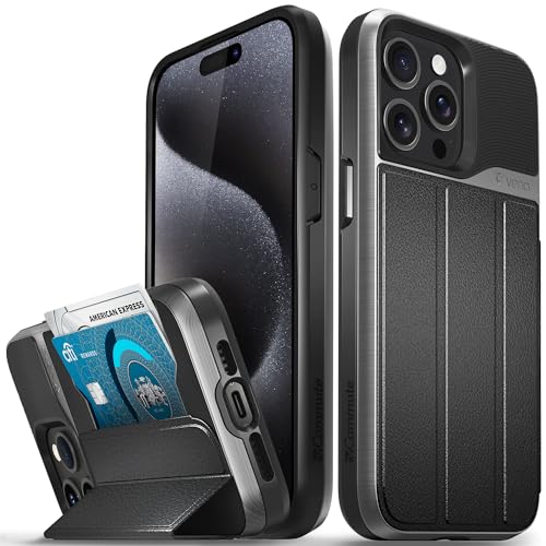 VENA vCommute for iPhone 15 Pro Max Wallet Case [Military Grade Drop Protection] Flip Leather Cover Card Slot Holder with Kickstand - Black