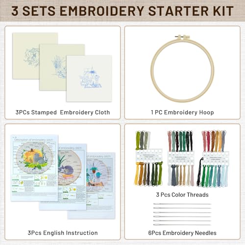 Image of XM-GENYUE 3 Sets Cute Cat Embroidery Starters Kit with Pattern for Beginners, Full Range of Stamped Cat and Flower Cross Stitch Kit Set with Embroidery Hoop Cloth Thread Needlepoint Kit
